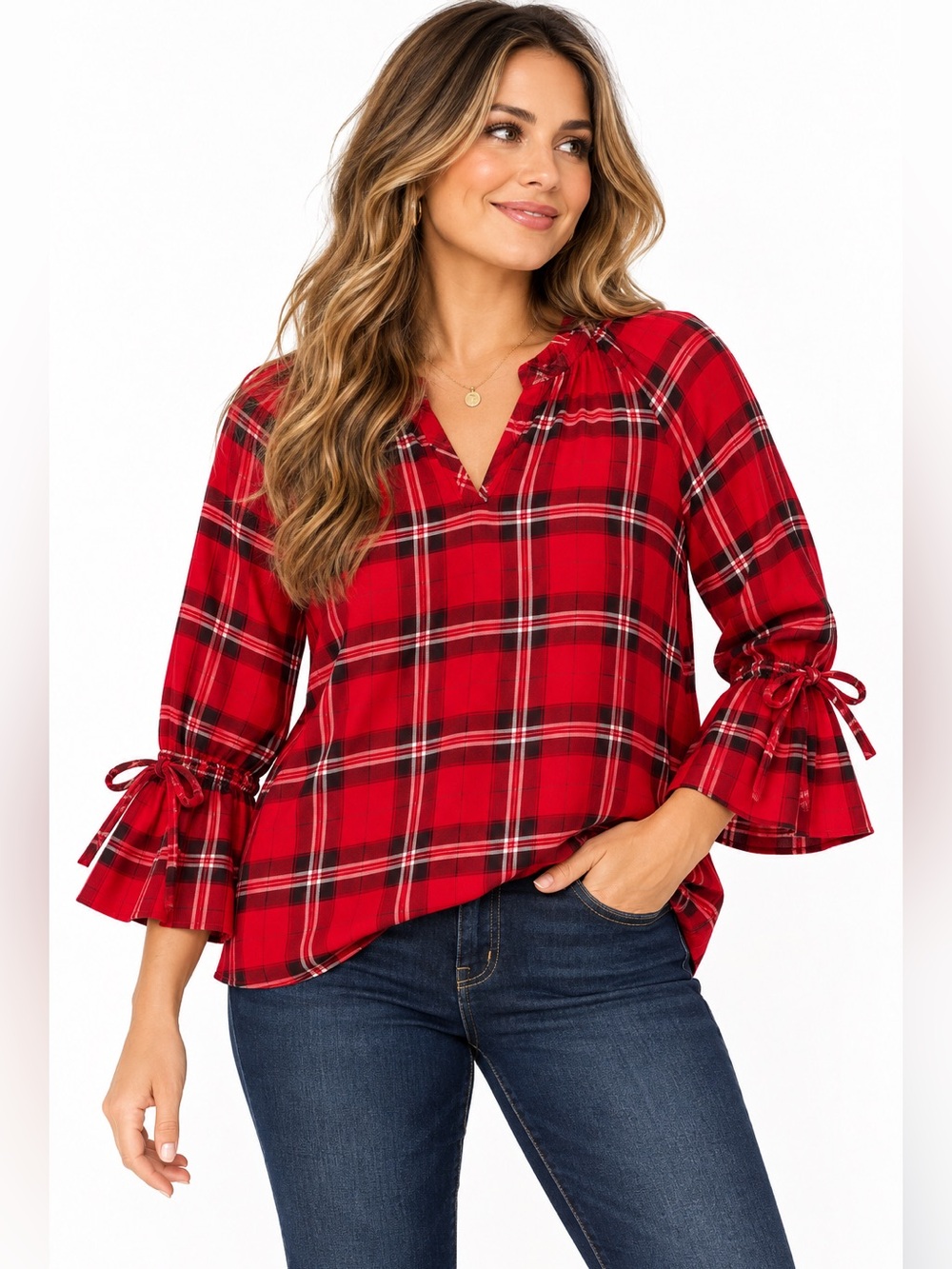 Talbots Petites Red Plaid Blouse XLP Bell Sleeve Cottagecore Holiday